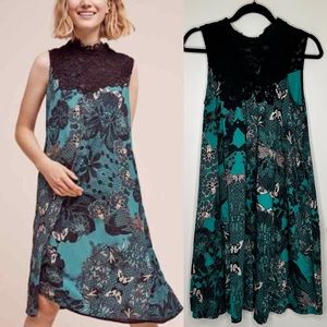 Anthropologie Maeve Butterfly Swan Green Silk Swing Dress